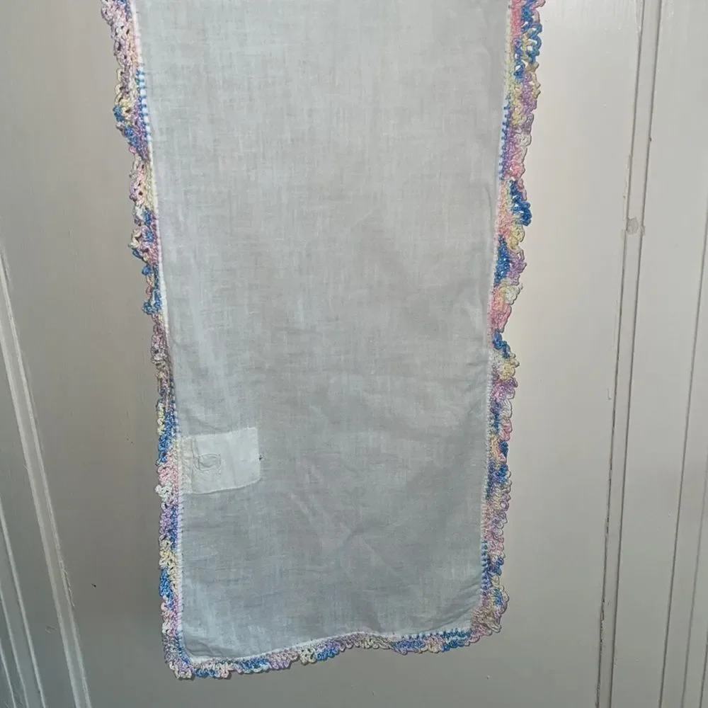 Vintage white cotton lawn table runner with pastel crochet edges‎